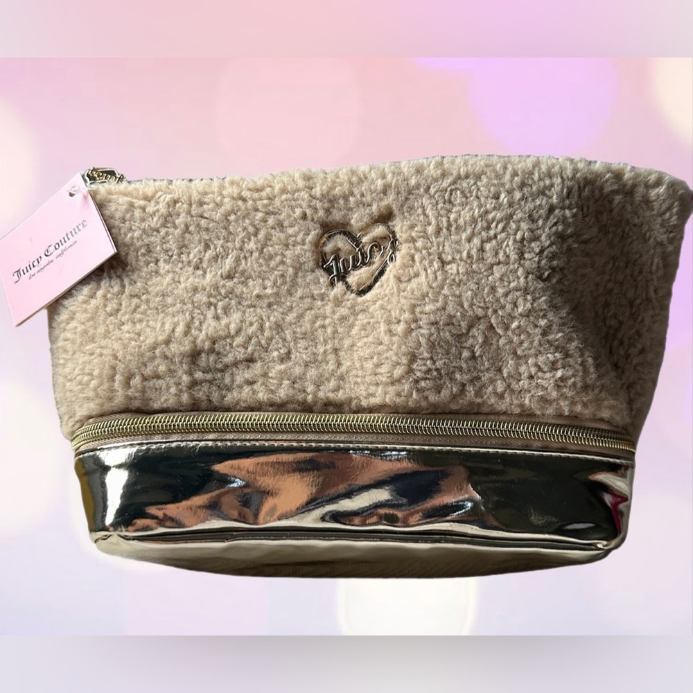Juicy Couture Tan Sherpa Fleece/Gold Metallic Travel Cosmetic Bag NWT